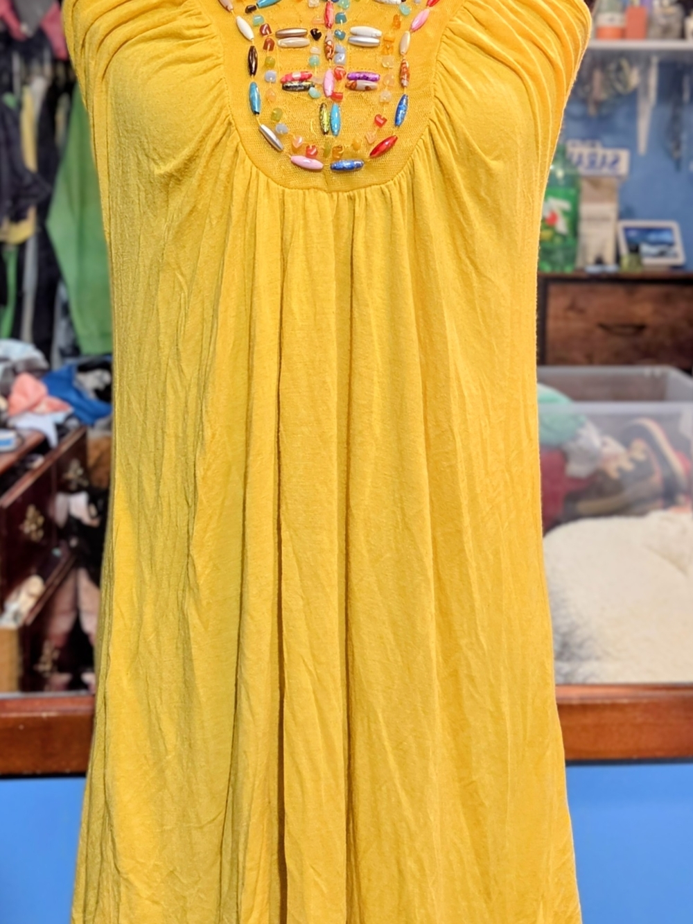 Bright Yellow Beaded Scoop Midi Dress
